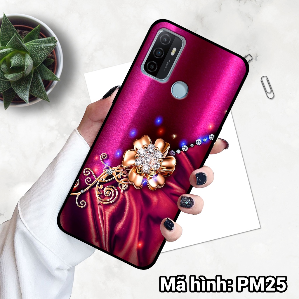 Ốp điện thoại OPPO A53 in hình hoa,nữ tính sang trọng – lưng kính tráng gương viền dẻo