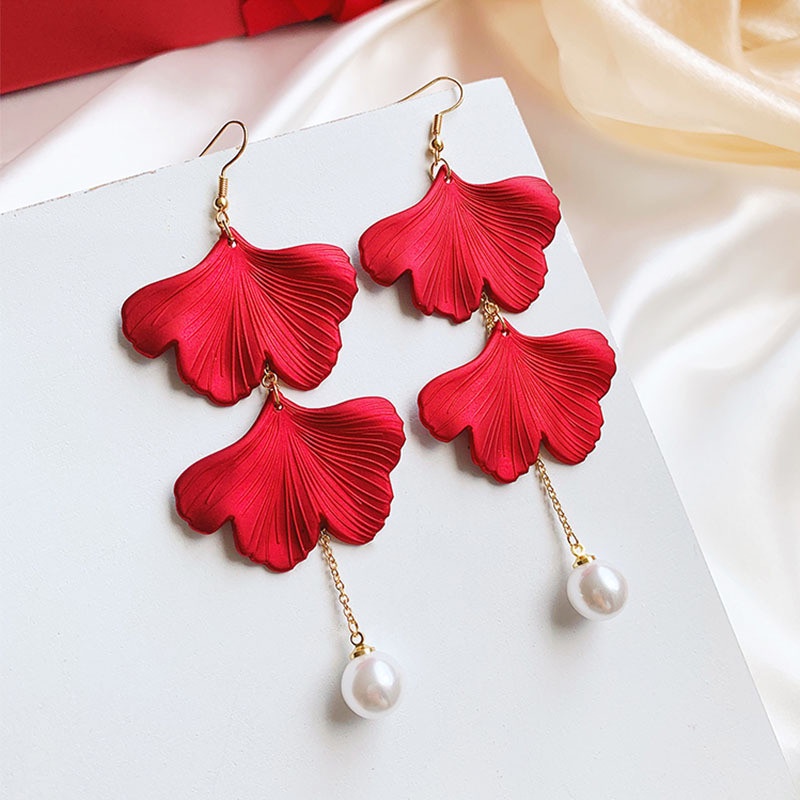 PINKDUDU Bông Tai Dáng Dài Hình Cánh Hoa Màu Đỏ Phong Cách Bohemian Thời Trang Cho Nữ PD138