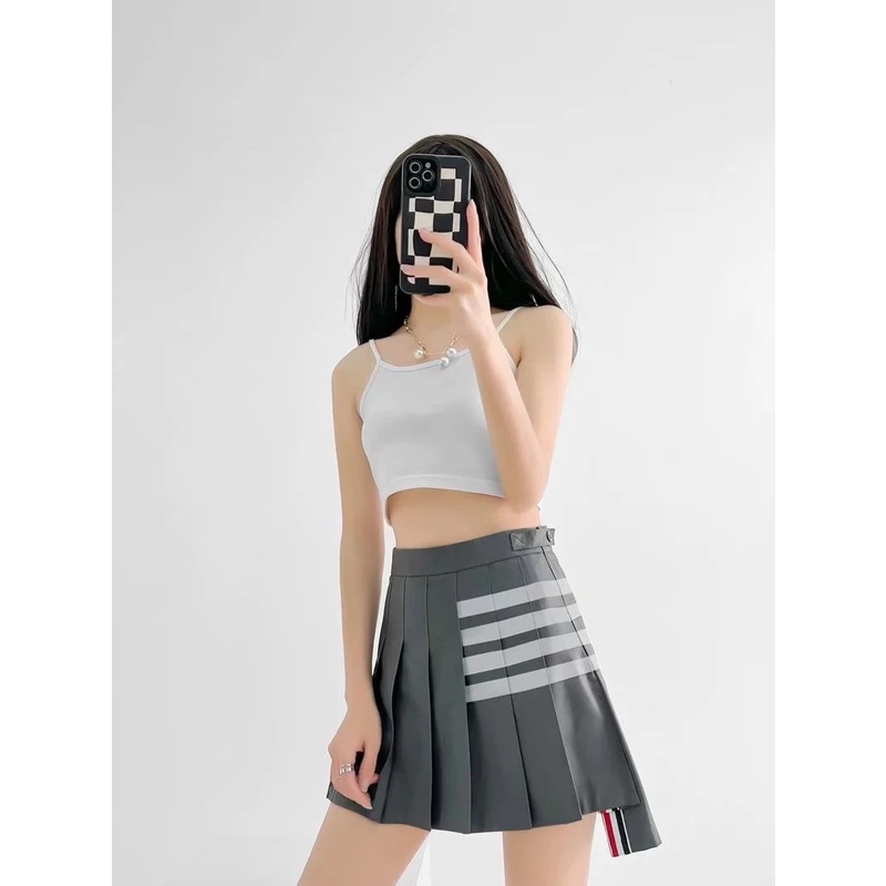Chân váy SUXI thiết kế xếp ly dáng ngắn lưng cao họa tiết kẻ sọc phong cách Hàn Quốc cho nữ