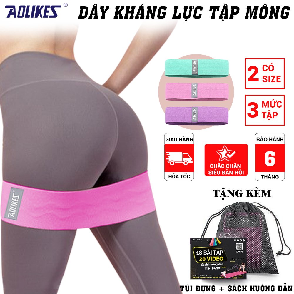 Dây kháng lực mini band tập gym, tập mông, power band đàn hồi vải chính hãng 3 cấp độ Aolikes 3604