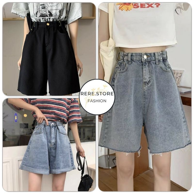 Quần Short Bò Cạp Móc Nữ - Rere.Store [FREESHIP] - Shorts nữ dáng suông ống rộng rách gối, cạp khuy lưng cao Ulzzang