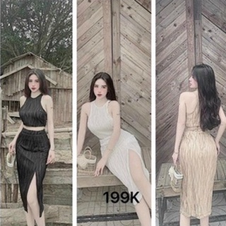 Sét bộ xốp áo 3 lỗ croptop phối chân váy dài body xẻ tà cực xinh , chất thun xốp mềm mát ly