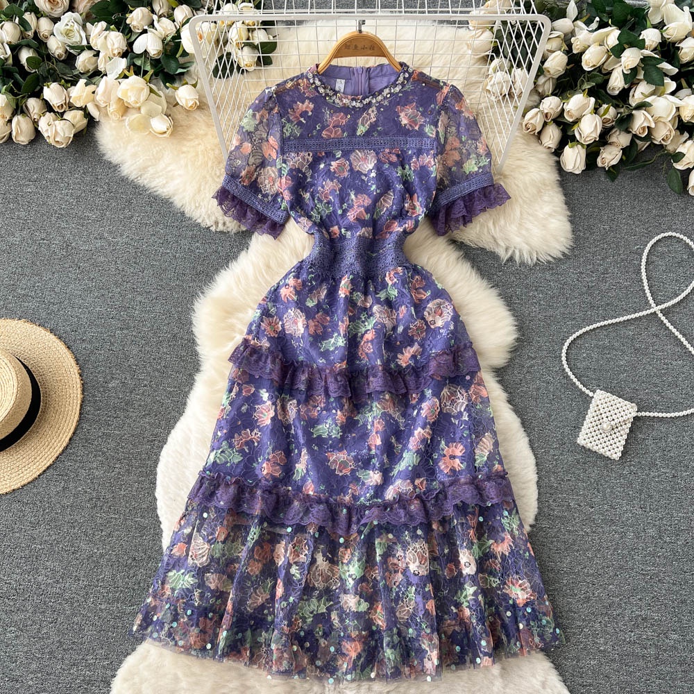 Váy ren tím vintagate cổ tròn hàng cao cấp (ảnh chụp thật) 110822