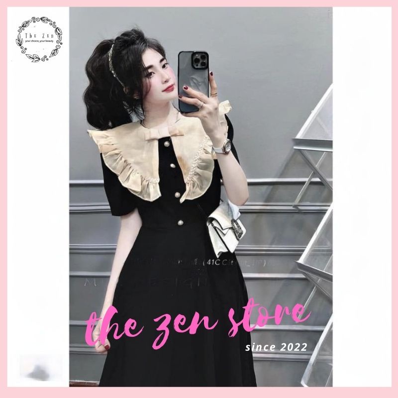 Váy thiết kế cổ bèo viền ren cúc đồng tiểu thư