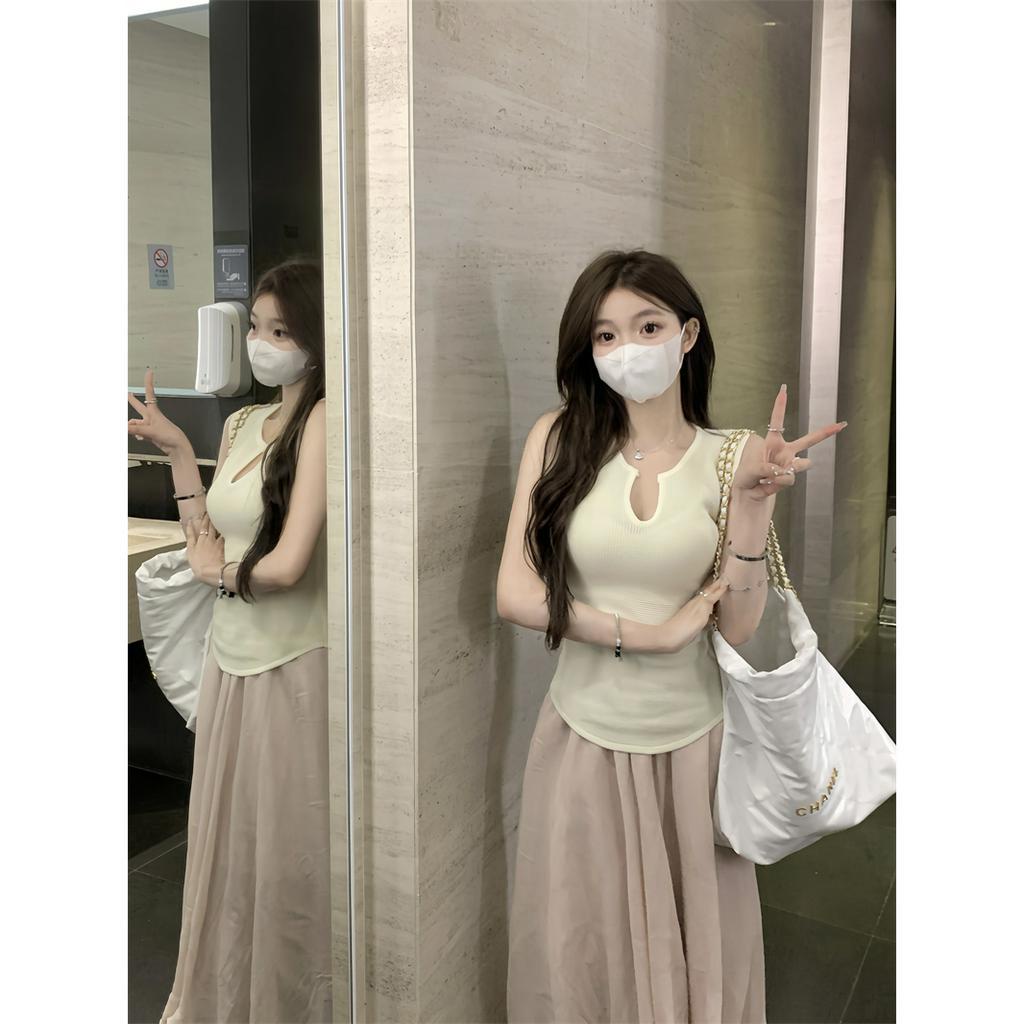 Áo Dệt Kim Sát Nách Cổ Chữ V Màu Xanh Dương Phong Cách Hong Kong Thời Trang Mùa Hè Cho Nữ