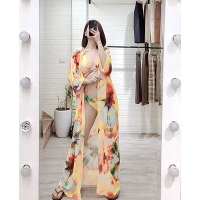 BIkini đi biển nữ 3 mảnh, bộ bơi 3 chi tiết  tam giác khoen áo khoác voan, BIkini191