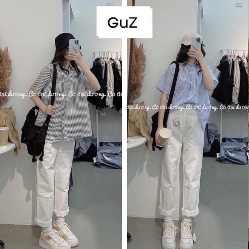 Áo sơ mi nữ form rộng cộc tay kẻ sọc nhỏ cúc cài xẻ vạt sau lưng chất phong cách Hàn Quốc GuZ
