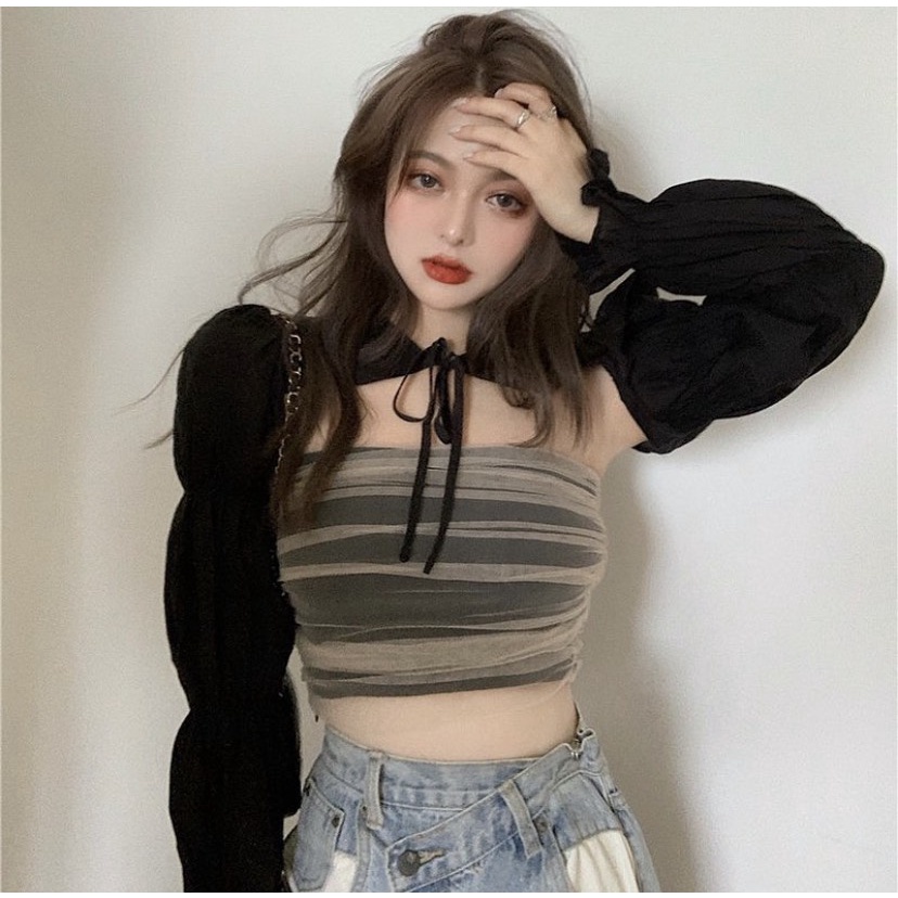 Set Áo Tube Và Áo Khoác Thời Trang Ulzzang, [ADORABLE], Set Áo Phối Lưới Và Áo Khoác Tay Dài Hot Trend 2022 Ảnh Thật