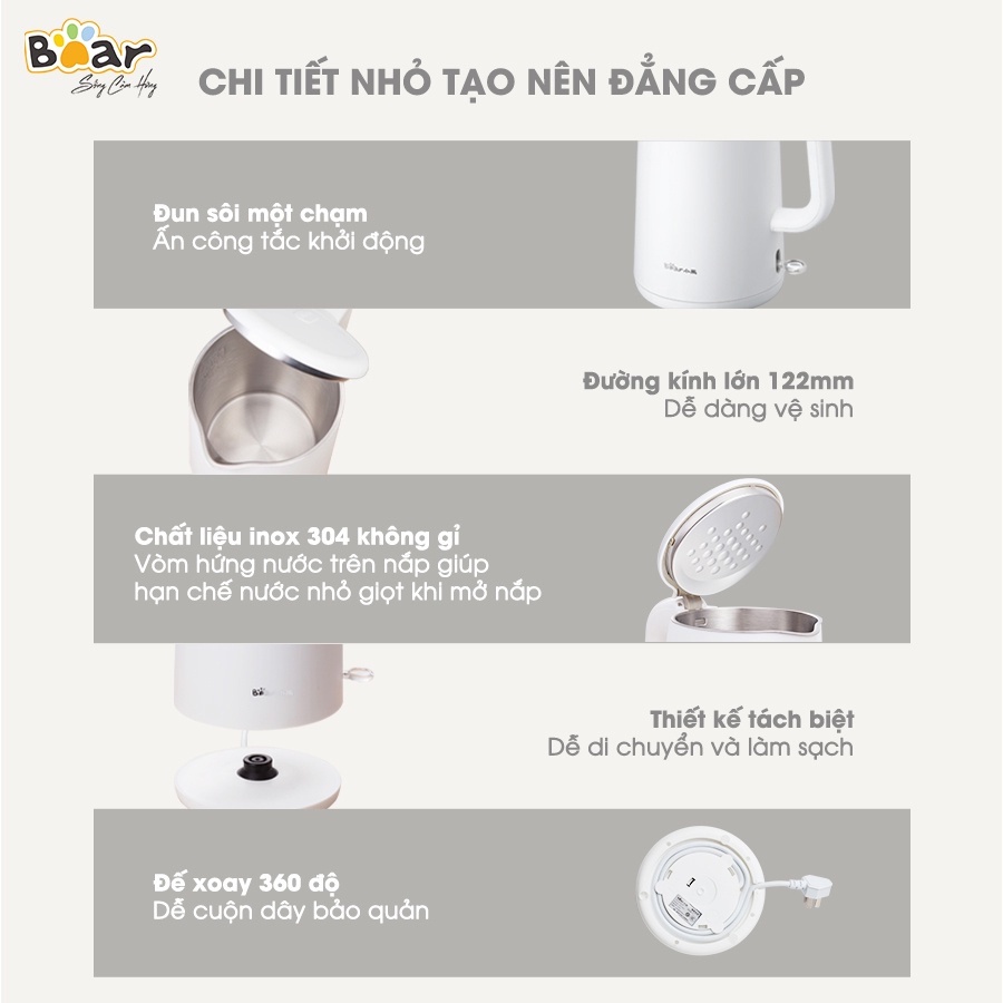 Bình ấm đun siêu tốc công suất lớn sôi nhanh trong 5 phút Bear ZDH-B15T1