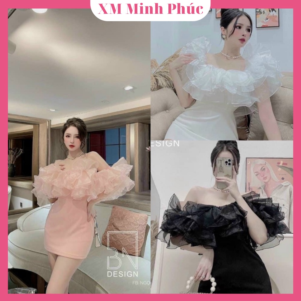 Đầm Dự Tiệc Body Trễ Vai Voan Kiếng Xếp Tầng  (CÓ MÚT NGỰC) 2 Màu Trắng &amp; Đen Sang Chảnh Thời Trang Váy Nữ Xm Minh Phúc