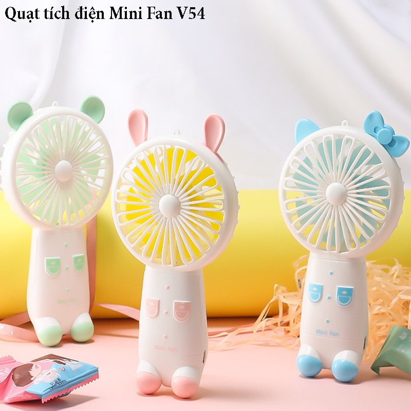 Quạt tích điện MINI FAN V54 hình thú cầm tay pin sạc USB, nhỏ gọn có 3 chế độ gió có đèn LED đổi màu