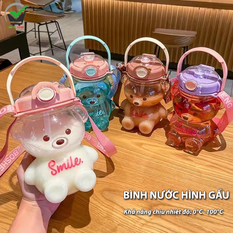 Bình đựng nước uống hình gấu siêu dễ thương,Dung tích 1 lít tặng kèm dây đeo và sticker, Chất liệu an toàn không độc hại