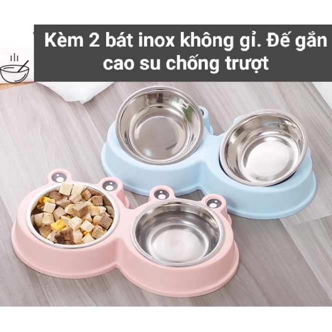 BÁT ĂN HÌNH ẾCH INOX 2 NGĂN CHO CHÓ MÈO-BÁT NƯỚC DỄ VỆ SINH