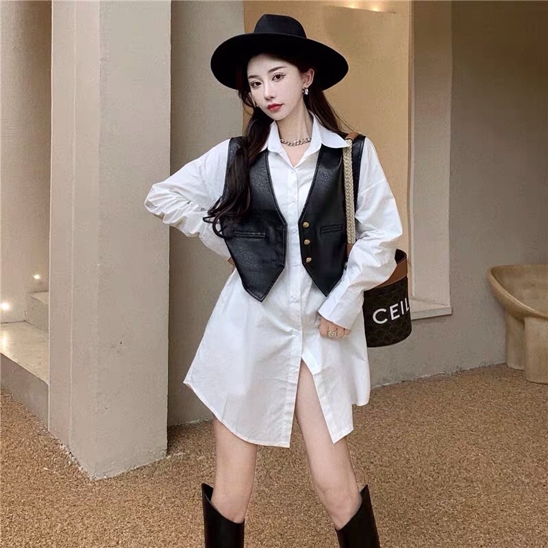 Set áo Gile da và sơ mi dáng dài sang chảnh cá tính
