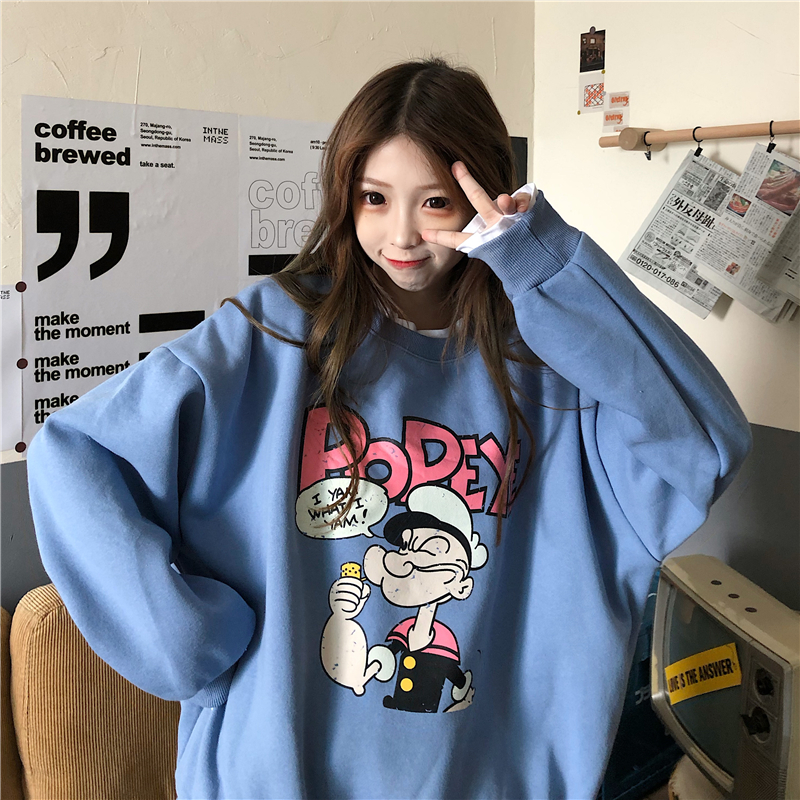 Áo sweater vải nhung dáng rộng cổ tròn có in họa tiết phong cách Hàn Quốc cho nữ | BigBuy360 - bigbuy360.vn