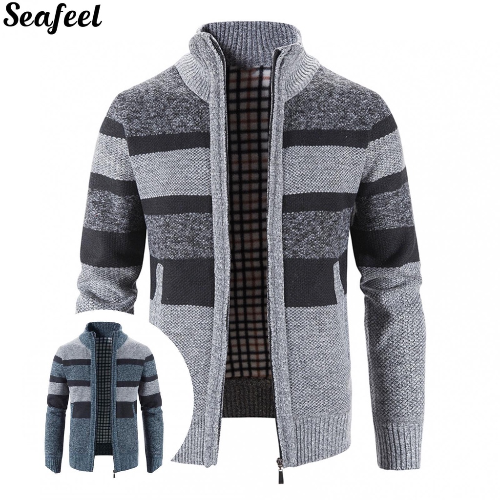 Áo khoác cardigan dệt kim cổ đứng phối túi chất liệu co giãn kiểu dáng thời trang thu đông cho nam