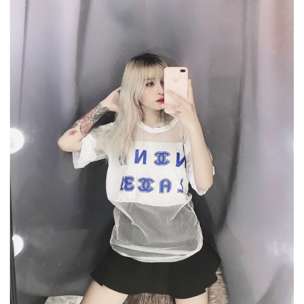 Áo lưới form rộng in chữ hiệu to trước cực xinh , chất lưới có kèm lót trong mềm mịn