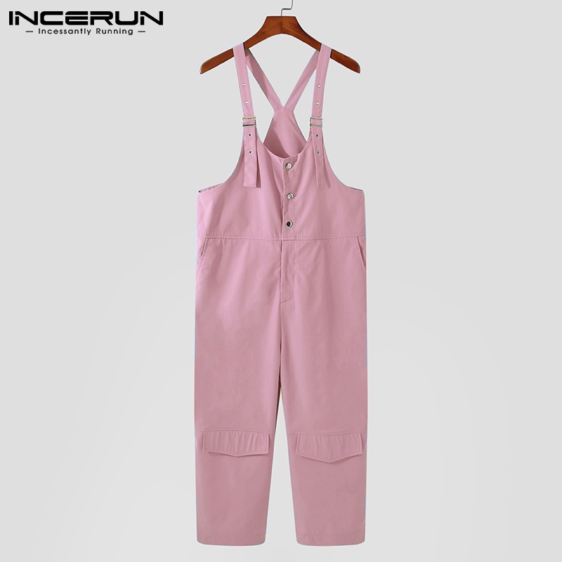Jumpsuit INCERUN hai dây màu trơn có nhiều túi phong cách Châu Âu thời trang cho nam