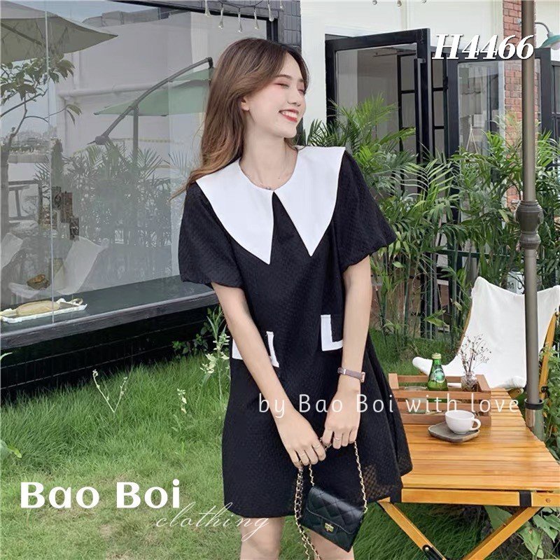 Váy baby doll suông cổ piter phối trắng thanh lịch