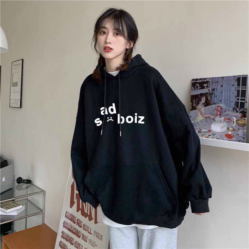 Áo Hoddie Nữ , Áo Tròng Đầu Có Mủ Chất Nỉ Bông 2 Lớp In Chữu Sad Boiz Màu Đen
