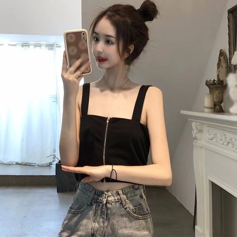 Áo Croptop Hai Mặt Dáng Ôm Có Khóa Kéo Thời Trang Mùa Hè Quyến Rũ Cho Nữ