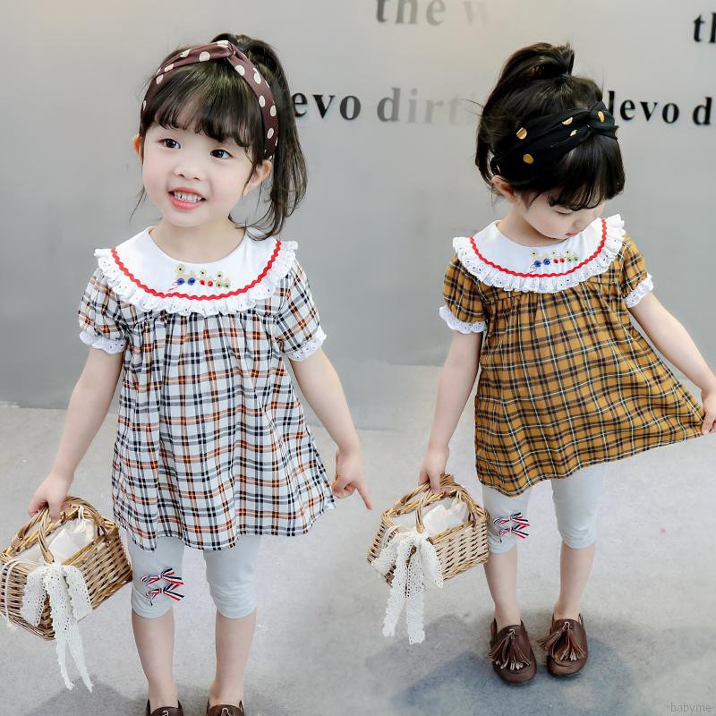 Set đầm ngắn tay cổ tròn ca rô + quần lửng đáng yêu cho bé gái