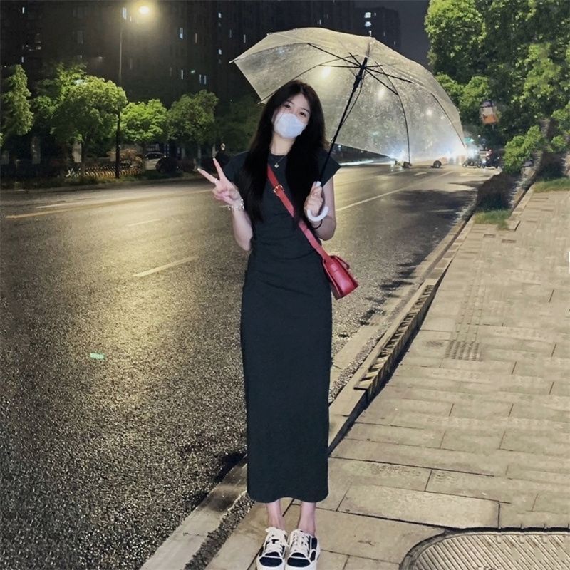 Váy Body Ôm Dáng Dài Cổ Tròn Màu Đen Thời Trang Mùa Hè Phong Cách Hàn Quốc Váy Nữ