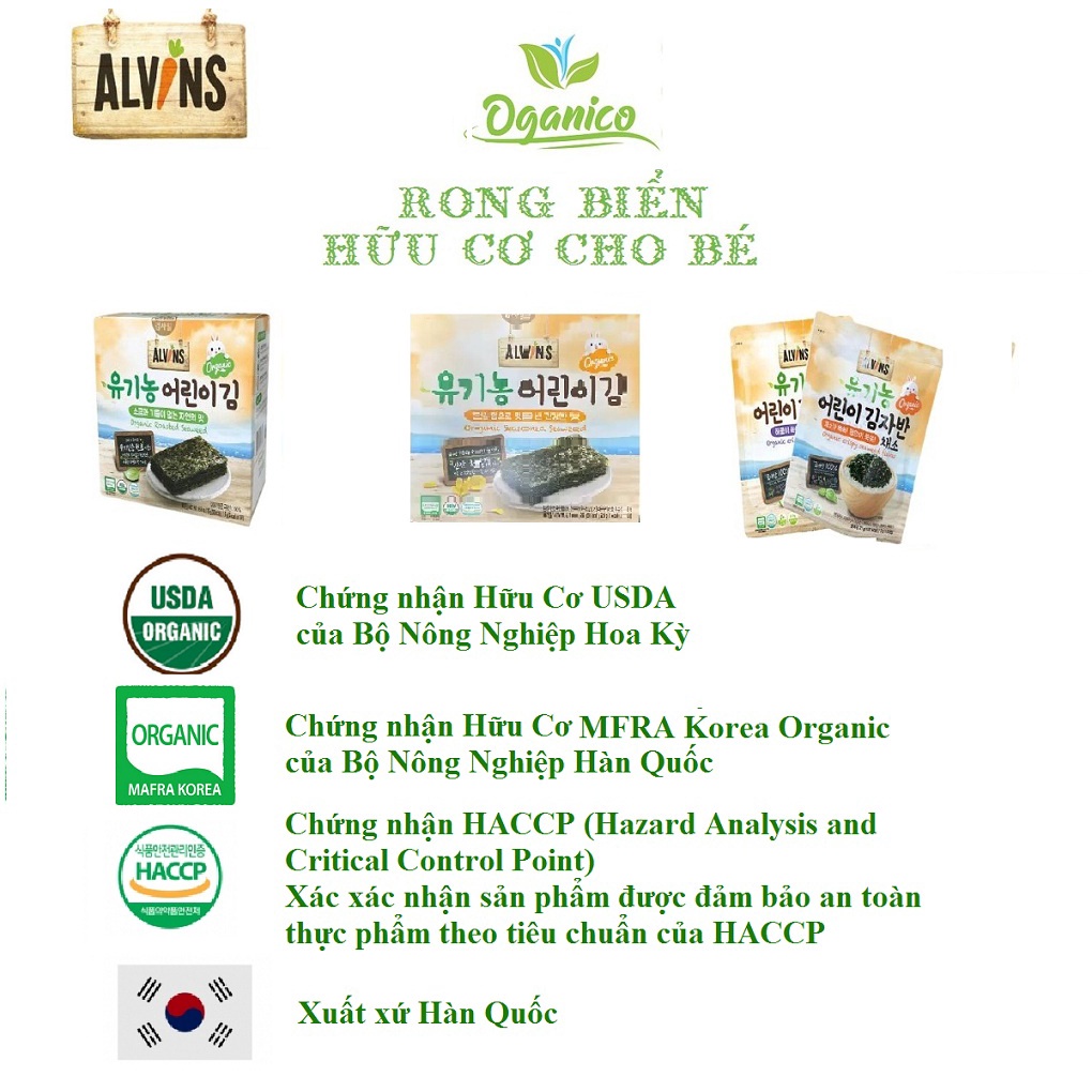 Rong biển tách muối hữu cơ ALVINS Hàn Quốc cho bé ăn dặm, ăn liền, cuộn cơm, rắc cơm