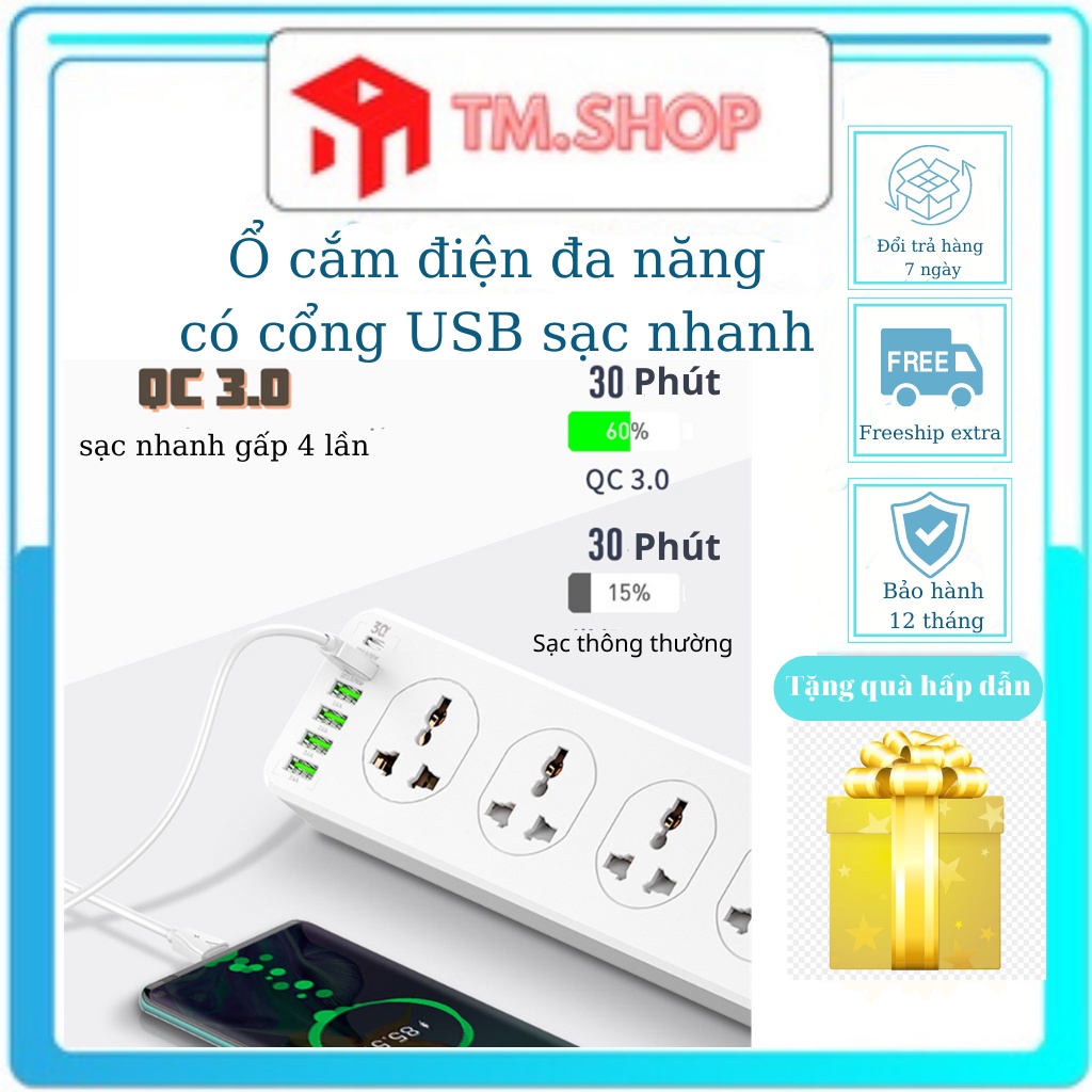 Ổ cắm điện USB nhiều lỗ cắm đa năng 10 ổ cắm điện và 6 usb sạc nhanh điện thoại PD 30W