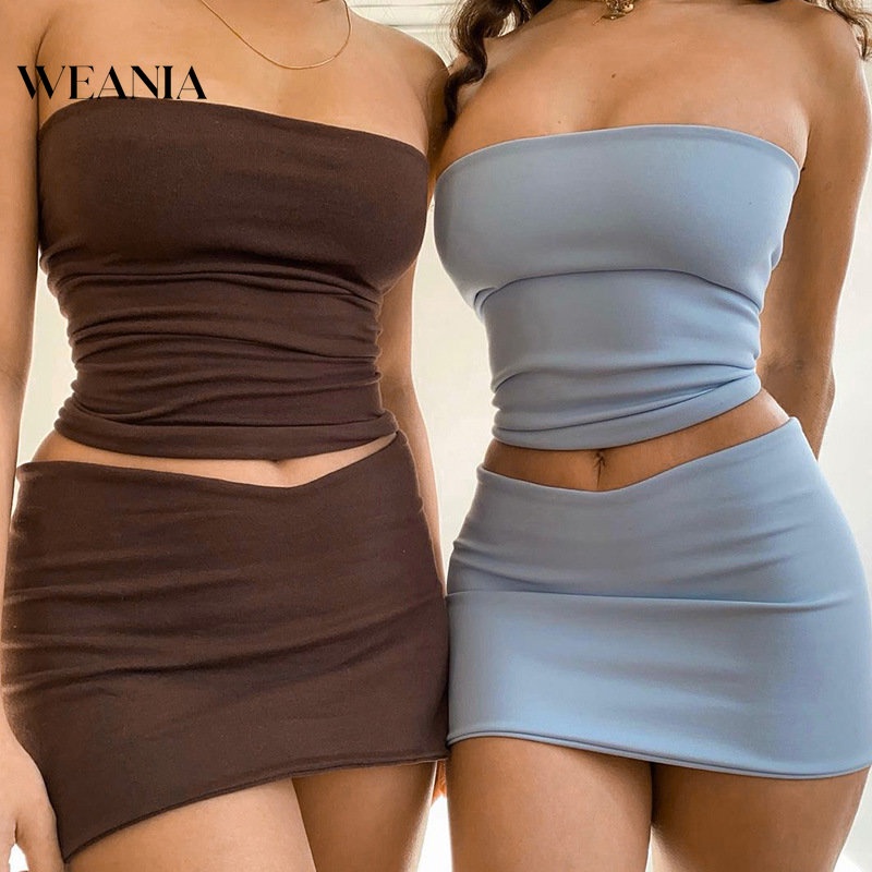 Set Áo Kiểu Trễ Vai + Chân Váy Lưng Cao Màu Trơn Thời Trang Dành Cho Nữ