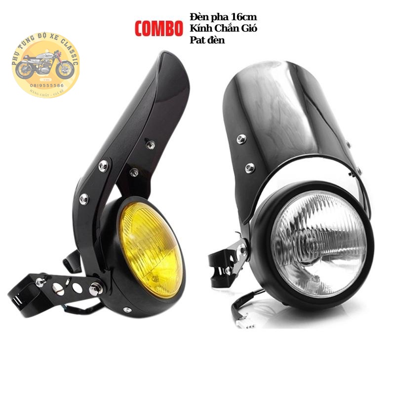 Combo đèn pha độ 16cm cùng kính chắn gió và bộ pat gắn đèn vào phuộc dùng độ xe CLASSIC