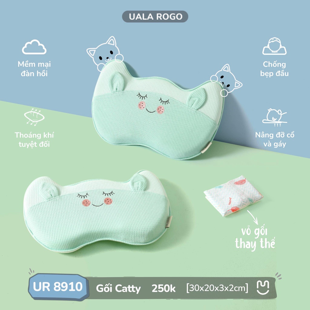 Gối Catty Uala Rogo Memoryfoam cao cấp mềm mịn độ đàn hồi tốt chống bẹp đầu hỗ trợ giấc ngủ ngon cho bé 8910 30x20x3x2cm