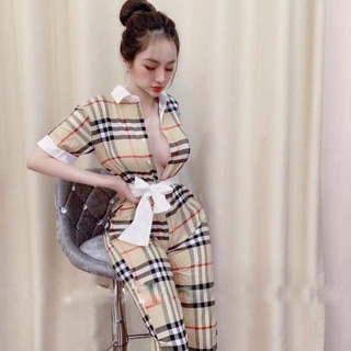 Jumpsuit dài bbr cổ sơ mi phối thắt eo