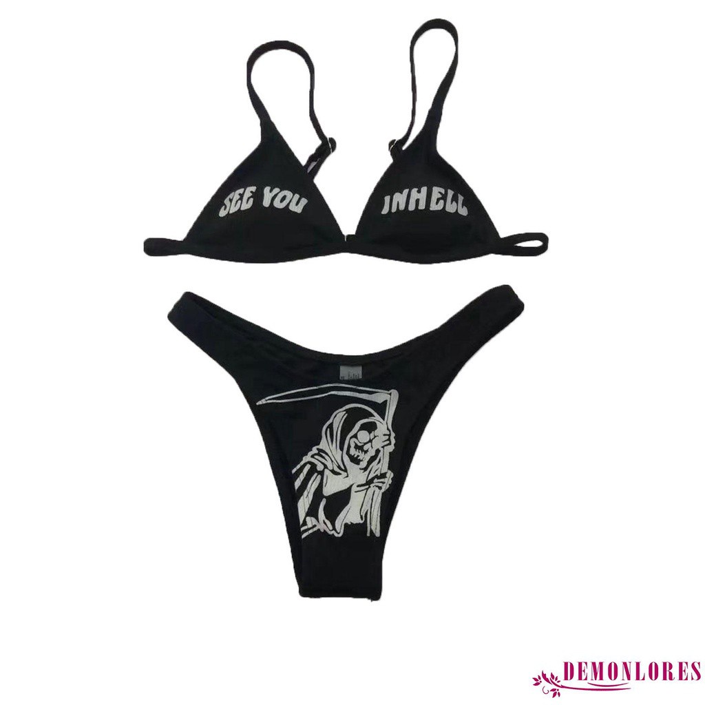 Bộ Bikini 2 Mảnh Cổ Chữ V In Họa Tiết Vui Nhộn Có Đệm Ngực Tháo Rời Được Dành Cho Nữ