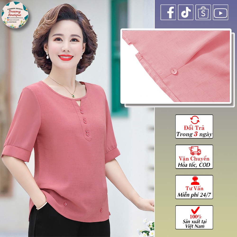 Set Quần Áo Trung Niên Nữ Màu Hồng Đào, Kiểu Áo Sơ Mi Trung Niên Cho Mẹ Tay Lỡ Cổ Tròn