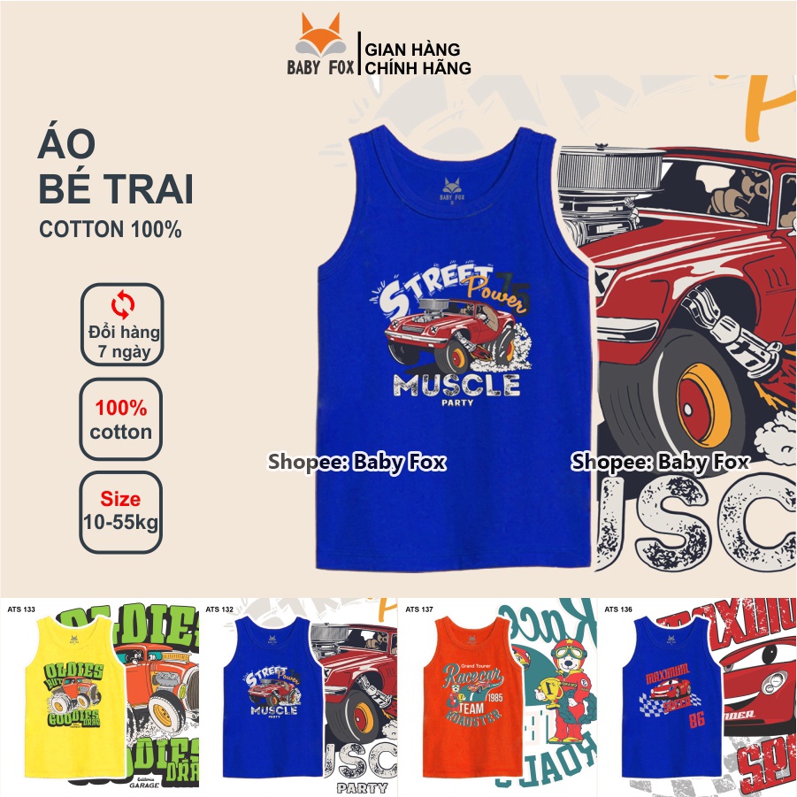 Áo sát nách bé trai 100% cotton loại tốt, thương hiệu BABY FOX, hình xe hơi, size nhỏ, trung, đại d