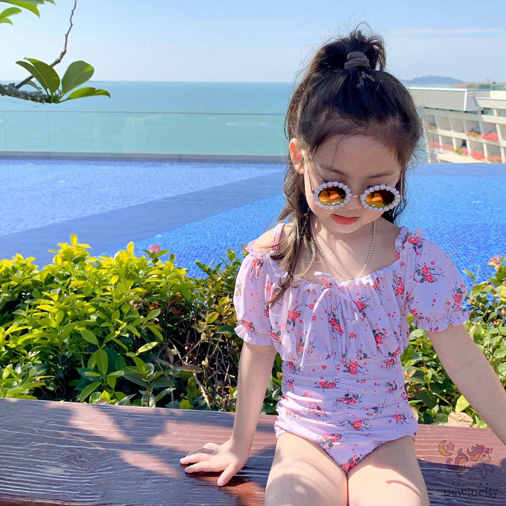 Đồ Bơi Một Mảnh In Hoa Phong Cách Hàn Quốc Kèm Mũ Bơi Cho Bé Gái