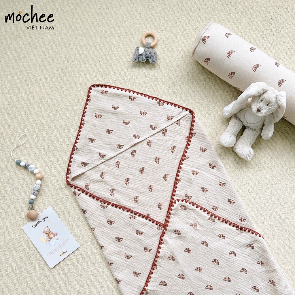 Ủ choàng muslin cho bé Mochee 90x90cm, chăn ủ xô cotton họa tiết cao cấp - Monnie Kids