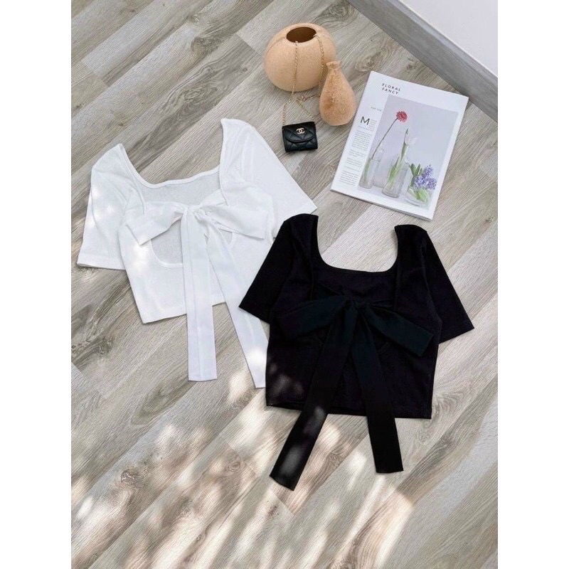 ÁO CROPTOP KIỂU THUN GÂN PHỐI KIỂU CỘT NƠ SAU LƯNG SIÊU HOT