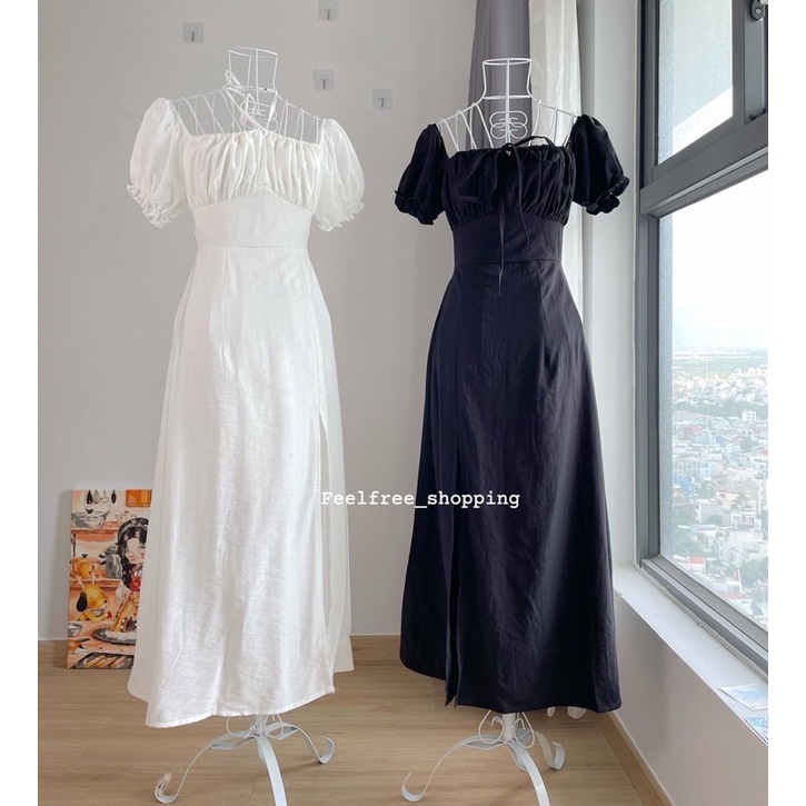 váy xẻ tả chỉnh ngực cổ vuông trễ vai trắng đen D049