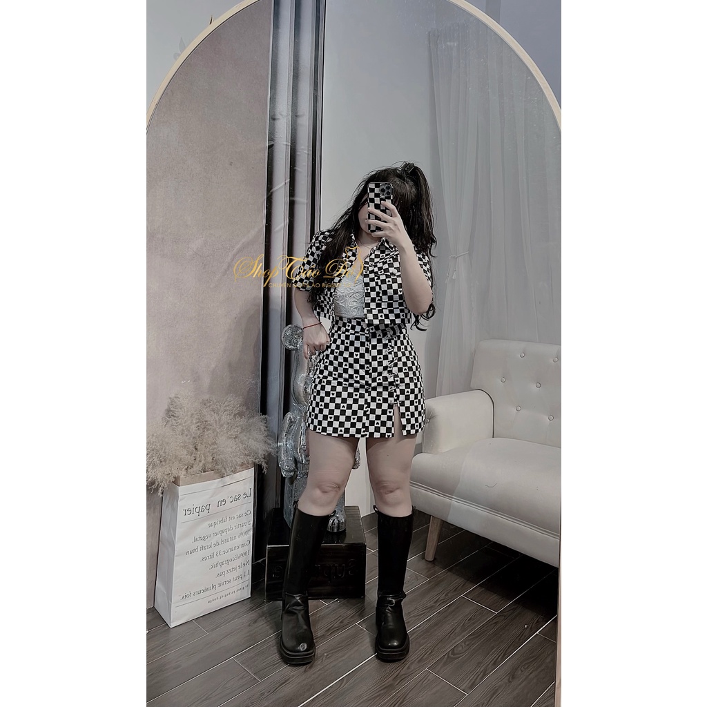 Set 2 món Áo Sơ Mi Tay Ngắn Kẻ Sọc Caro + Chân Váy Lưng Cao S86 🍎🍎🍎