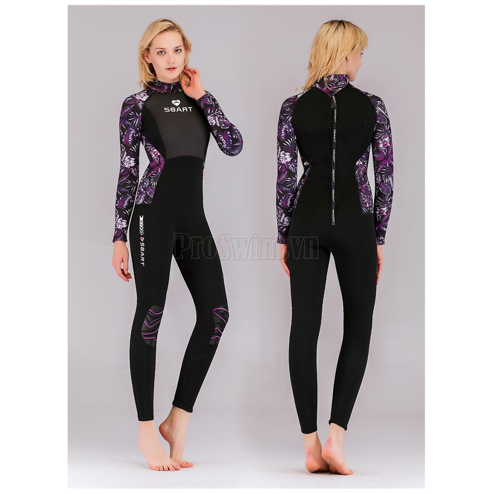 Bộ Bơi Liền Nữ Giữ Nhiệt Dày Wetsuit 3mm Sbart Đen Tím
