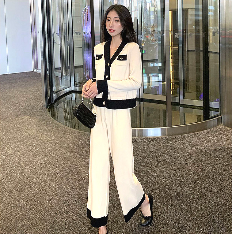 C&MSHOP Women Contrast Color Pants And Long Sleeve Knitted Cardigan Two Piece Set