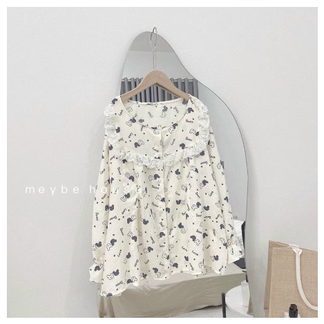 Bộ Pijama pha ren ngực cho mẹ mặc sau sinh_đồ bộ bầu cho con bú Chất liệu đũi xốp dày dặn cho mùa thu đông