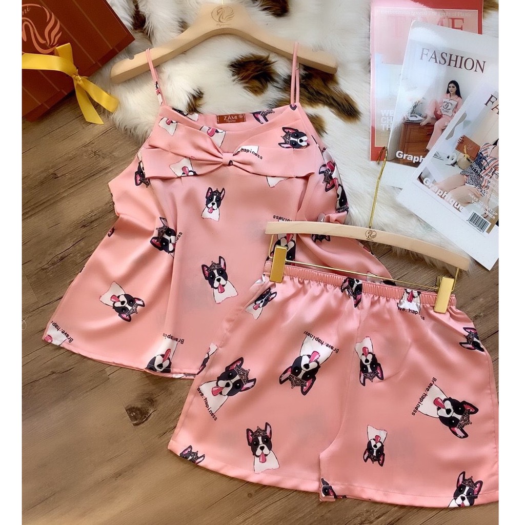 Bộ ngủ lụa hai dây thắt nơ cao cấp