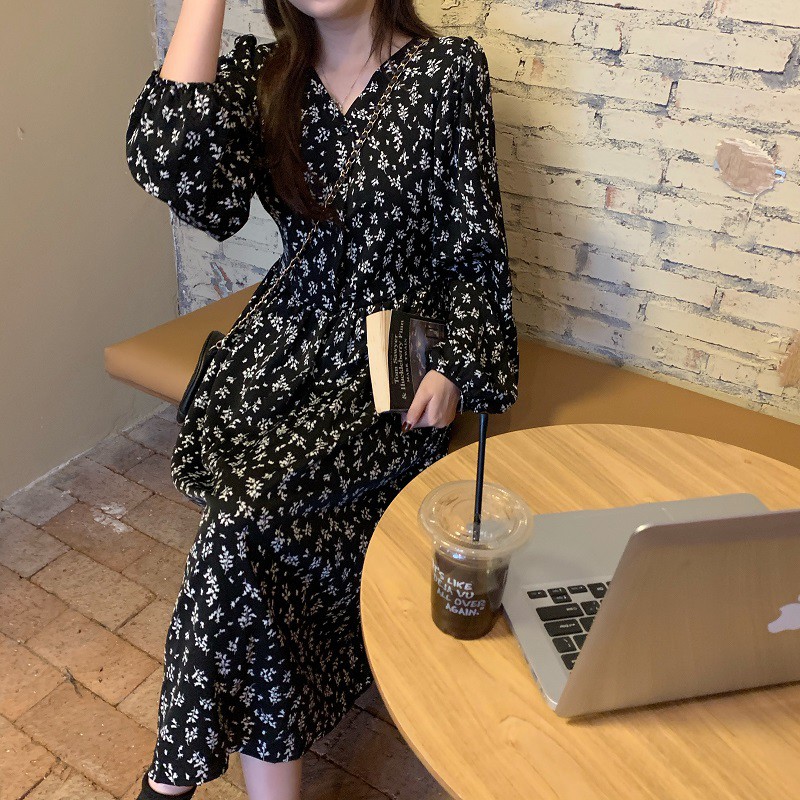 Váy hoa nhí dáng dài cổ V / Váy hoa vintage dài tay ulzzang nữ