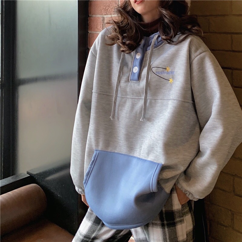 ÁO HOODIE PHỐI MÀU MŨ TÚI SUDFRUCHT - ÁO NỈ NGOẠI HOODIE CÚC CÀI TAY CHUN PHỒNG XANH XÁM