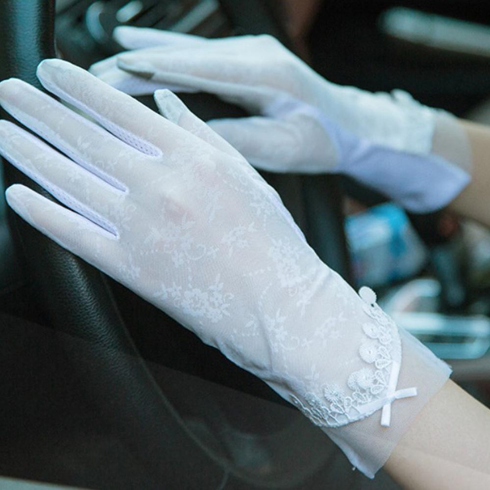 Găng Tay Lái Xe Bằng Lụa Lạnh Mỏng Thoáng Khí Chống Nắng Tia UV Đính Nơ Hoa