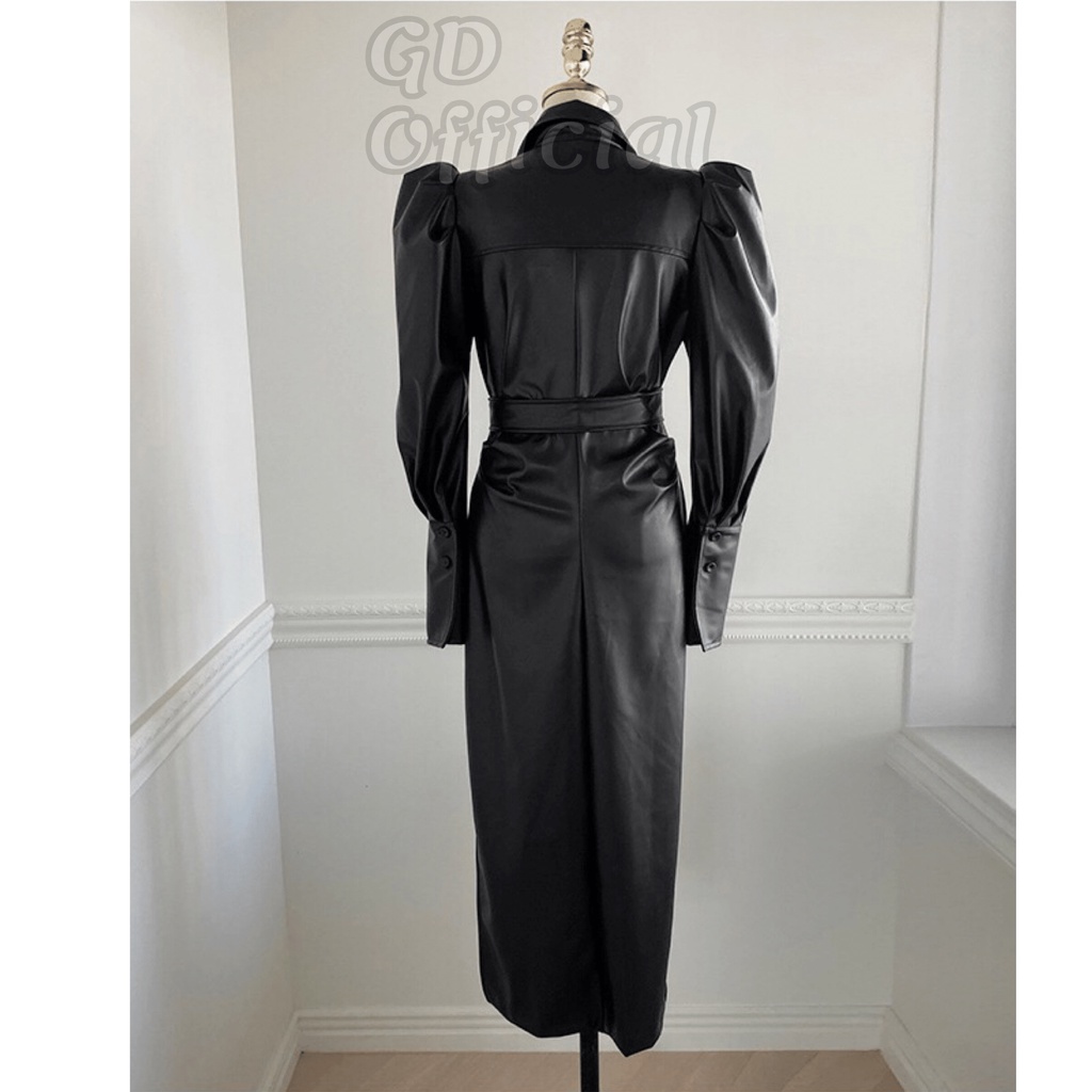 D29|Đầm da PU khí chất sang trọng kèm thắt lưng cho nữ công sở, dạ tiệc màu đen gd_order