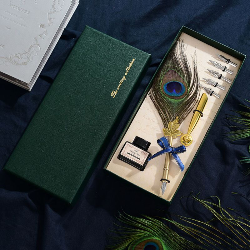 Seng Bút Mực Viết Thư Pháp Hình Lông Công Cổ Điển